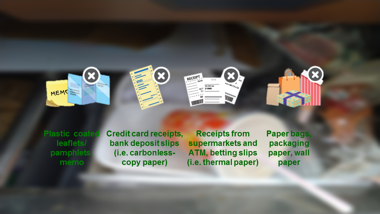 Plastic coated leaflets/ pamphlets, memo; credit card receipts, bank deposit slips (i.e. carbonless-copy paper); receipts from supermarkets and ATM, betting slips (i.e. thermal paper); paper bags, packaging paper, wall paper
