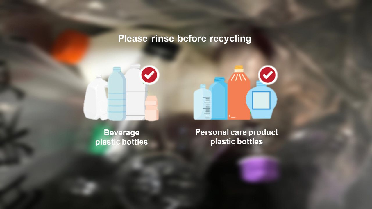 Clean recycling tips for beverage plastic bottles and personal care product plastic bottles - remove plastic caps and labels, rinse before recycling